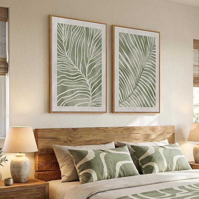 Framed Green Abstract Botanical Wall Art, 2 Piece Tropical Plant Canvas - Image 2