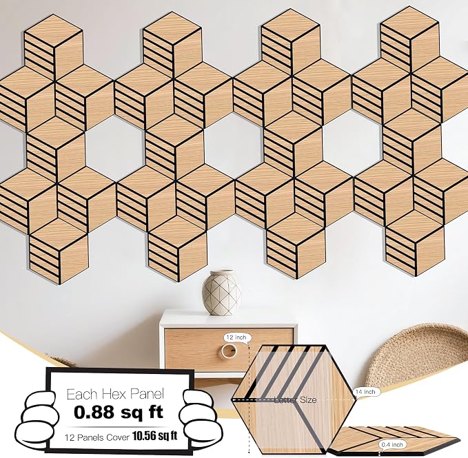 Mollywell Acoustic Panels, PVC Wood-Grain, 14x12 Inch Hexagon Carved Sound - Image 2