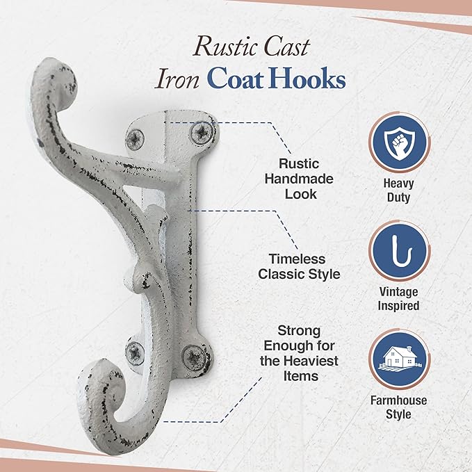 Rustic Cast Iron Coat Hooks Antique White, Wall Mounted, Farmhouse Decorative - Image 9