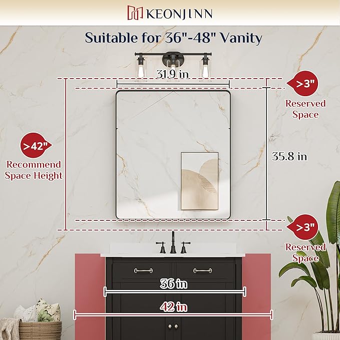 Keonjinn Black Bathroom Mirror for Over Sink, 32 x 36 Inch Rounded Rectangle - Image 8