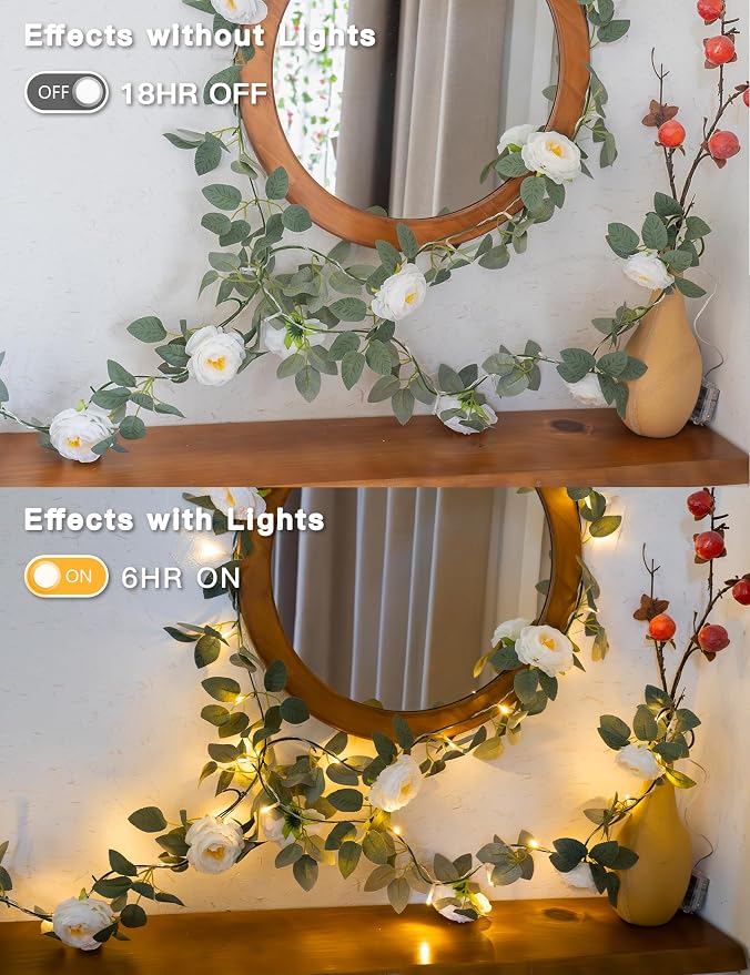 suddus Flower Garland with White Camellia Fairy Lights Indoor, 60 LED Vines - Image 5