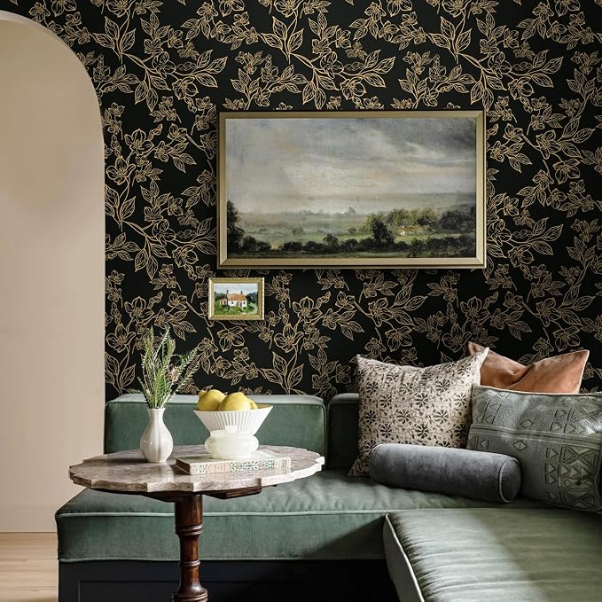 Ismoon Peel and Stick Wallpaper Black and Gold Stick on Wallpaper Dark Floral - Image 4