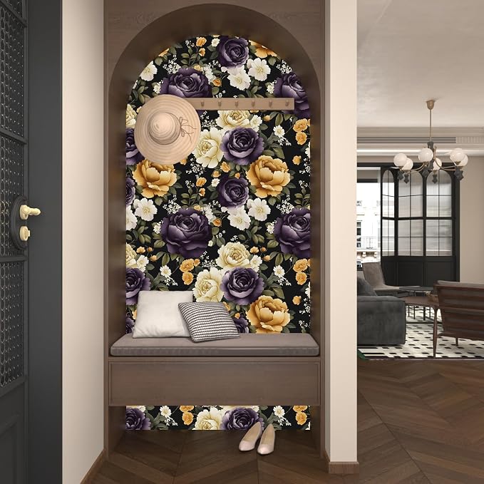 Floral Black Vintage Wallpaper Peel and Stick Dark Purple Beige Peony Contact - Image 6
