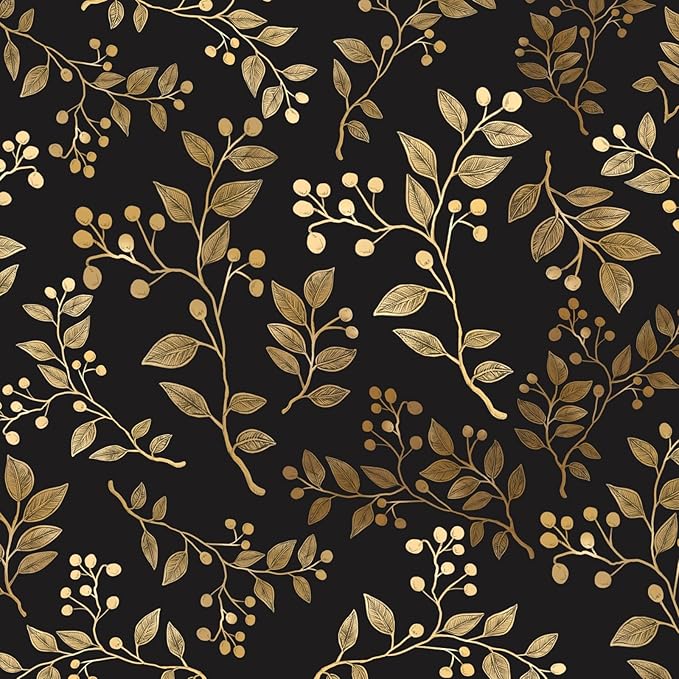 Dark Floral Peel and Stick Wallpaper, Vintage Gold Leaf Self-Adhesive Contact by VOLEAARWALLPAPER