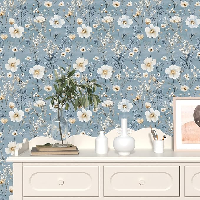 Laatse Blue Floral Peel and Stick Wallpaper White Botanical Contact Paper - Image 2