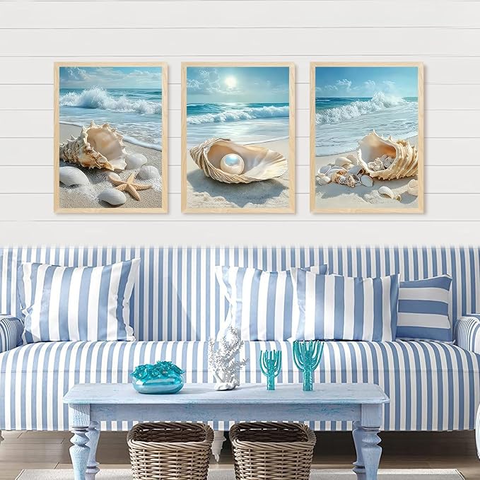 SYWENNOI 3 Piece Wood Framed Beach Wall Art, Sandy Shore, Pearl in Shell - Image 2