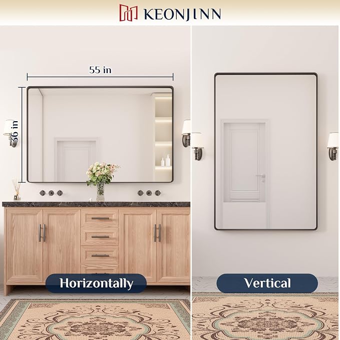 Keonjinn Black Bathroom Mirror 55 x 36 Inch Large Rounded Rectangle Mirror - Image 8