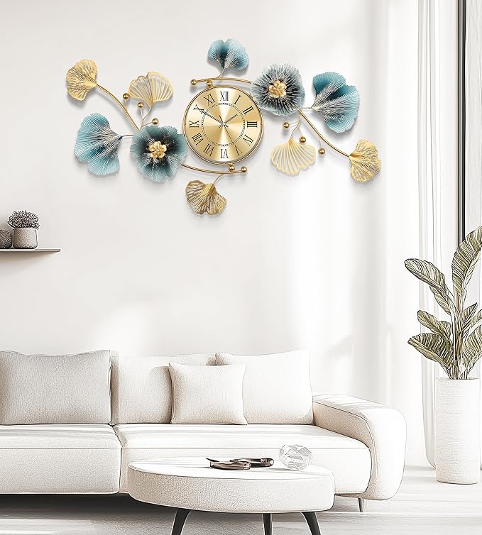 Wall Clocks for Living Room Decor, Large Wall Clock, 3D Creative Metal Ginkgo - Image 5