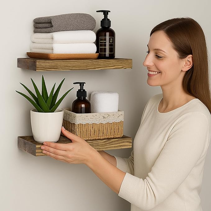 BGMG Wood Floating Shelves for wall 12 inch Set of 2, Rustic Wooden Wall Mount - Image 2