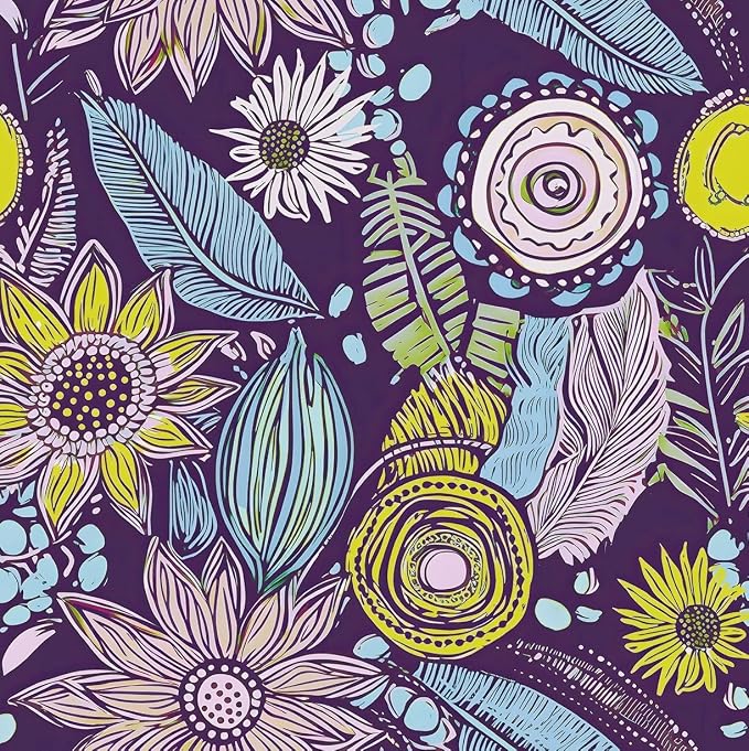 Purple Boho Wallpaper Peel and Stick, Vintage Yellow Floral Contact Paper 17.5" by Laatse