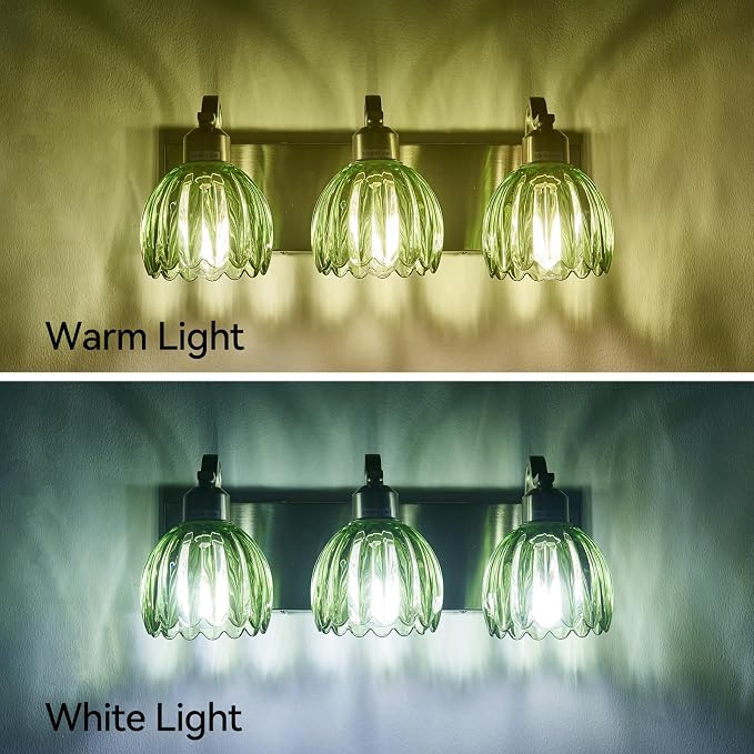 3-Light Vanity Lights with Green Tulip Glass Shade, Brushed Nickel Bathroom - Image 6