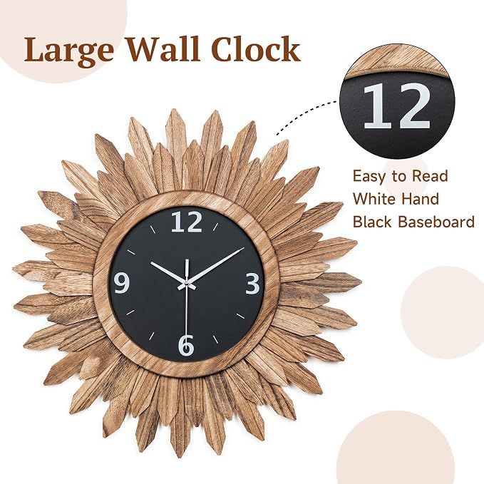 Honiway 14 Inch Wall Clock, Rustic Wood Boho Sunburst Decorative Wall Clocks - Image 7