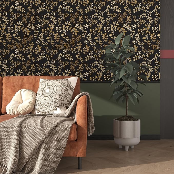 Dark Floral Peel and Stick Wallpaper, Vintage Gold Leaf Self-Adhesive Contact - Image 2
