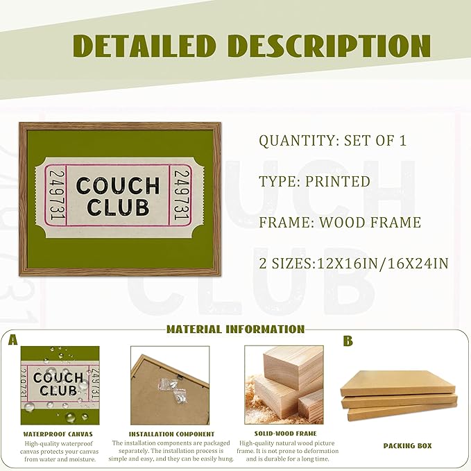 Vintage Framed Wall Art, Couch Club Ticket Canvas Wall Decor Painting, Retro - Image 3
