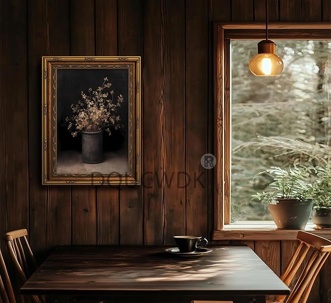 Vintage Gold Framed Wall Art Fall Dried Flowers Antique Vase Country Oil - Image 7