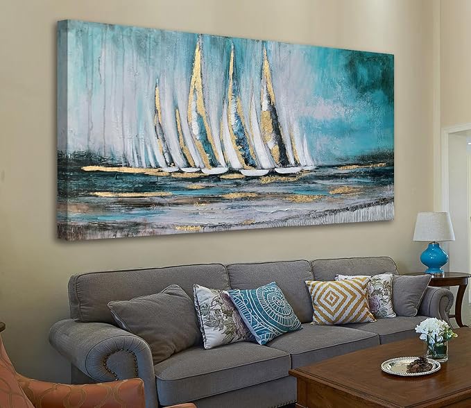 Anolyfi Blue Abstract Canvas Wall Art Teal Ocean Sailboat Picture Modern - Image 6
