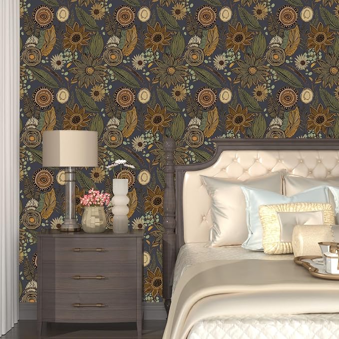 Boho Wallpaper Peel and Stick, Vintage Blue Yellow Floral Contact Paper 17.5" x - Image 7