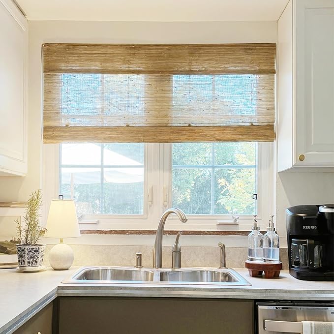 TWOPAGES Custom Cordless Natural Woven Roman Shades, No Drill or Motorized - Image 2