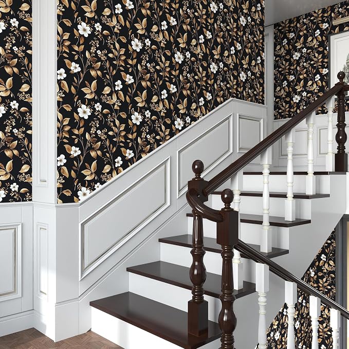 Extra Long Vintage Gold Wallpaper, 17.5" x 393" Classic Black and Gold Floral - Image 3
