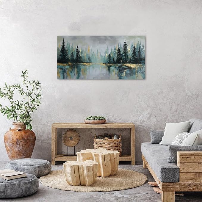 Green Forest Wall Art Vintage Fog Pine Trees Landscape Wall Decor Nature Green - Image 5