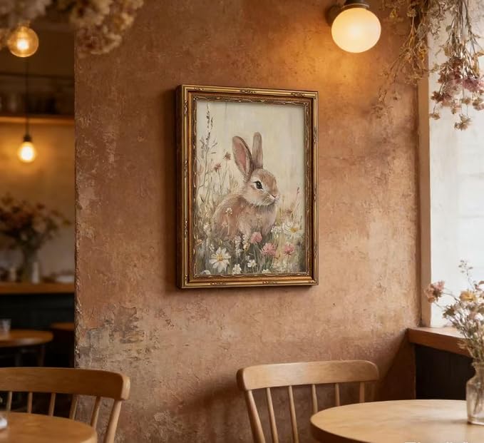 Vintage Gold Framed Easter Bunny Wall Art Spring Rabbit and Wildflowers - Image 2