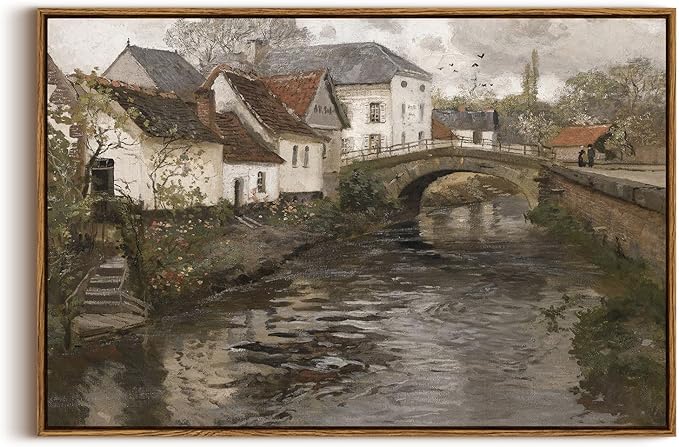 InSimSea Framed Canvas Wall Art Vintage Decor, Riverside Small Town Large by InSimSeaArt