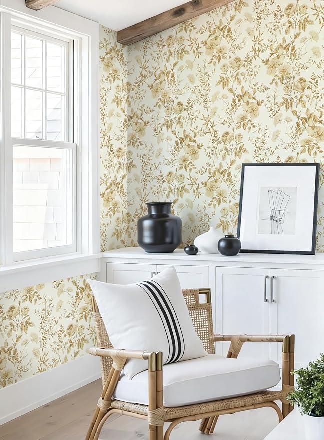 Erfoni 16.9" x197" Yellow Brown Floral Peel and Stick Wallpaper Boho Floral - Image 6