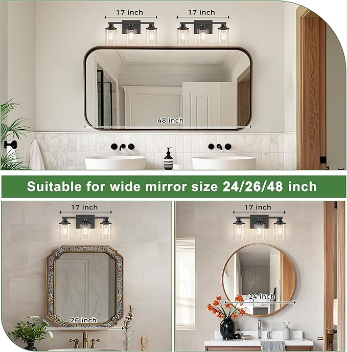 DORESshop 17 Inch Bathroom Light Fixtures, 3-Light Black Bathroom Lighting - Image 2