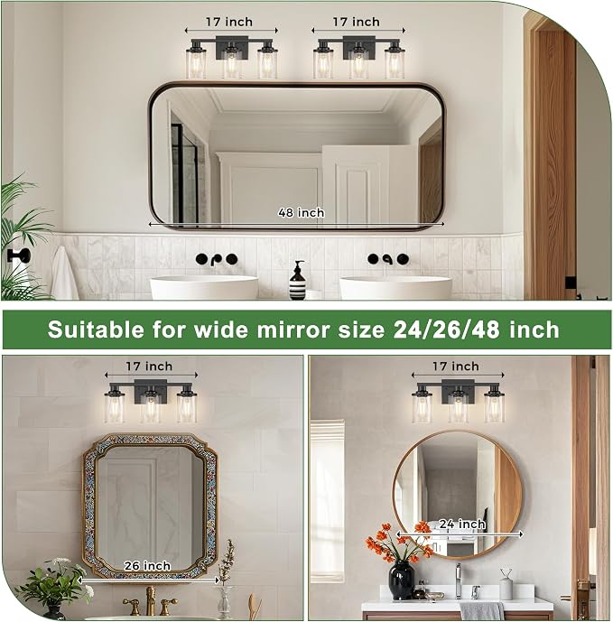 DORESshop 17 Inch Bathroom Light Fixtures, 3-Light Black Bathroom Lighting - Image 4