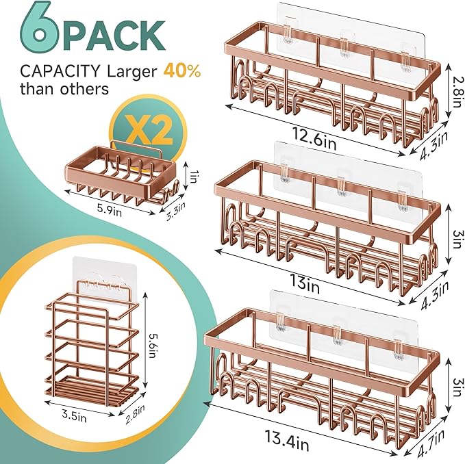 Veken Shower Caddy 6-Pack, No Drilling & Rustproof, Waterproof Adhesive Shelves - Image 7