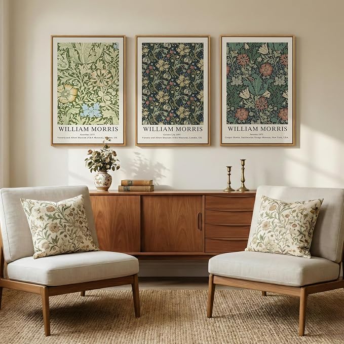 Large Framed William Morris Green Wall Art Set of 3, Vintage Floral Canvas - Image 3