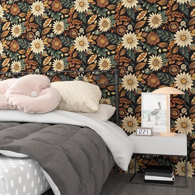 Vintage Boho Wallpaper Peel and Stick, Retro Flower Botanical Wall Paper Self - Image 2