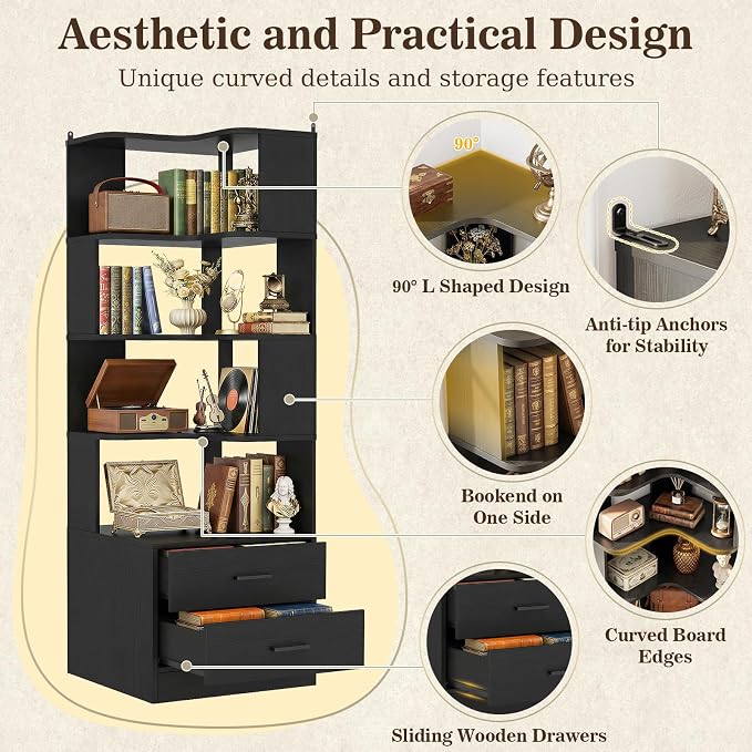 Armocity Corner Bookshelf with Drawers, 7 Tier Corner Book Shelf Display - Image 4