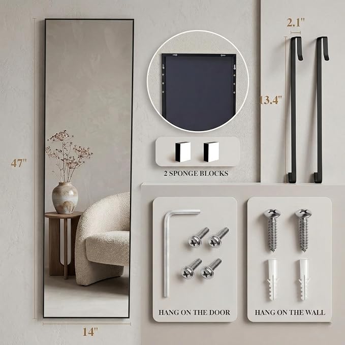 Simple Deluxe 47x14 Full Length Mirror Over The Door, Wall Mounted Full Body - Image 2