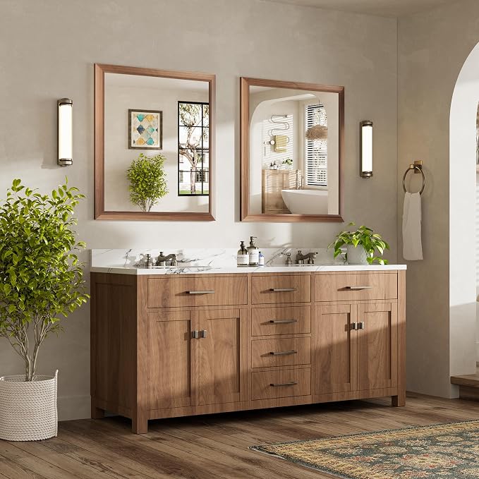 36x32 Inch Bathroom Mirror for Wall, Anti-Rust Walnut Wood Grain Metal Framed - Image 3