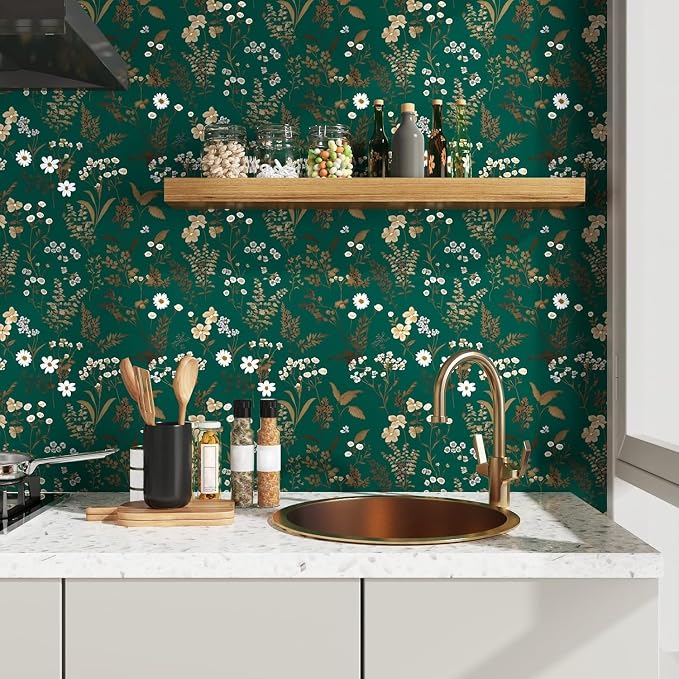 Laatse Dark Floral Wallpaper Peel and Stick 17.5in x 118in Vintage Green Gold - Image 4