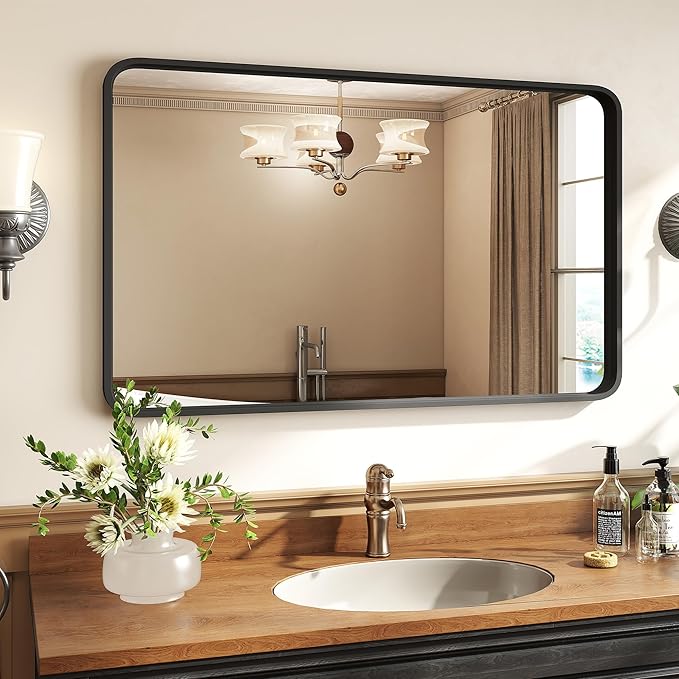 Bathroom Mirror for Wall, 40x30 Inch Rectangle Mirror, Matte Black Metal Framed by Atilioo