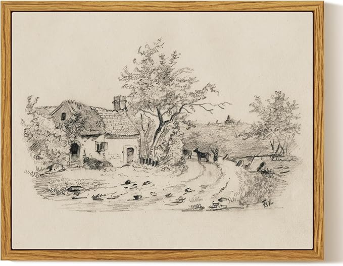 InSimSea Framed Canvas Wall Art, Vintage Sketch Landscape Painting, Rustic by InSimSeaArt