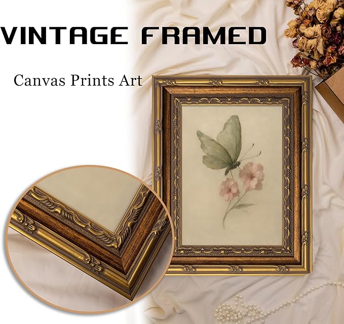 Vintage Gold Framed Wall Art, Retro Butterfly and Pink Flower Oil Painting - Image 6