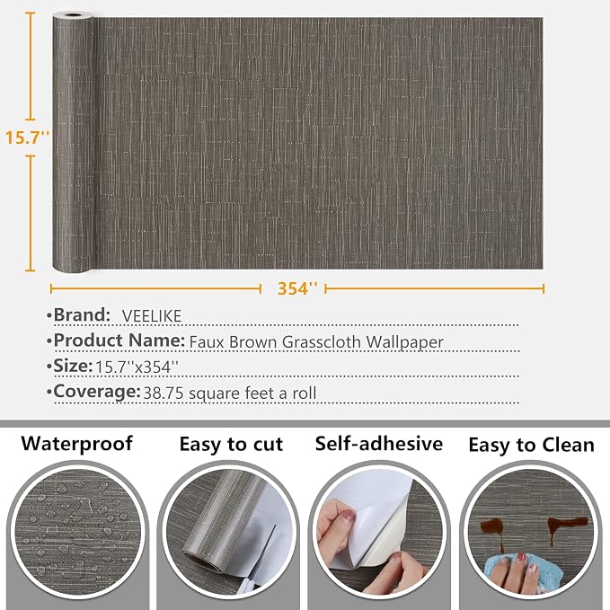 VEELIKE Truffle Brown Grasscloth Wallpaper Peel and Stick Grass Cloth Vinyl - Image 8