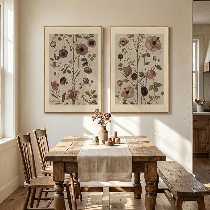 Large Framed Vintage Botanical Wall Art Set of 2, Neutral Antique Floral Canvas - Image 4