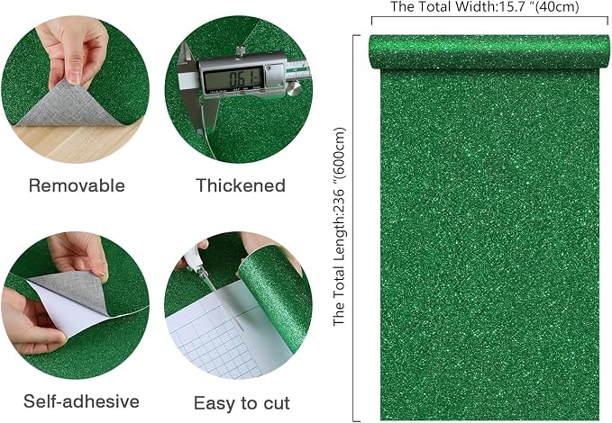 CHIHUT 15.7''x236'' Sparkly Green Glitter Wallpaper Stick and Peel Glitter - Image 8