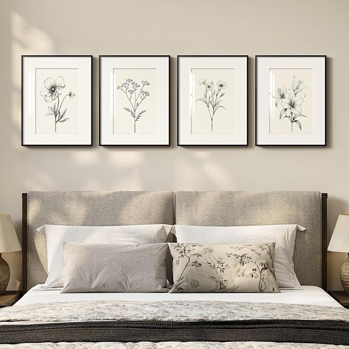 Framed Black and White Floral Wall Art Set, Vintage Minimalist Botanical Prints by Cuspin