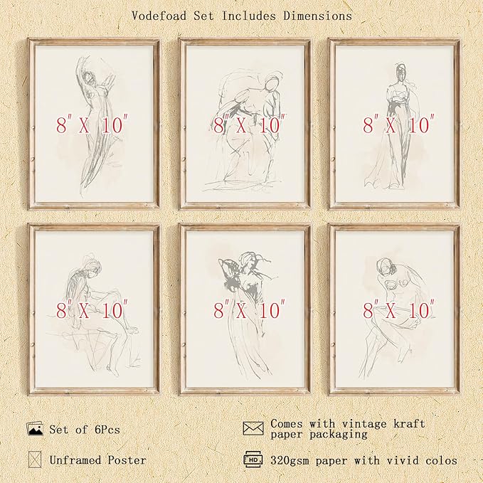 Vodefoad Figure Sketch Art Print Neutral Gallery Wall 6Pcs Set Soft feminine - Image 2