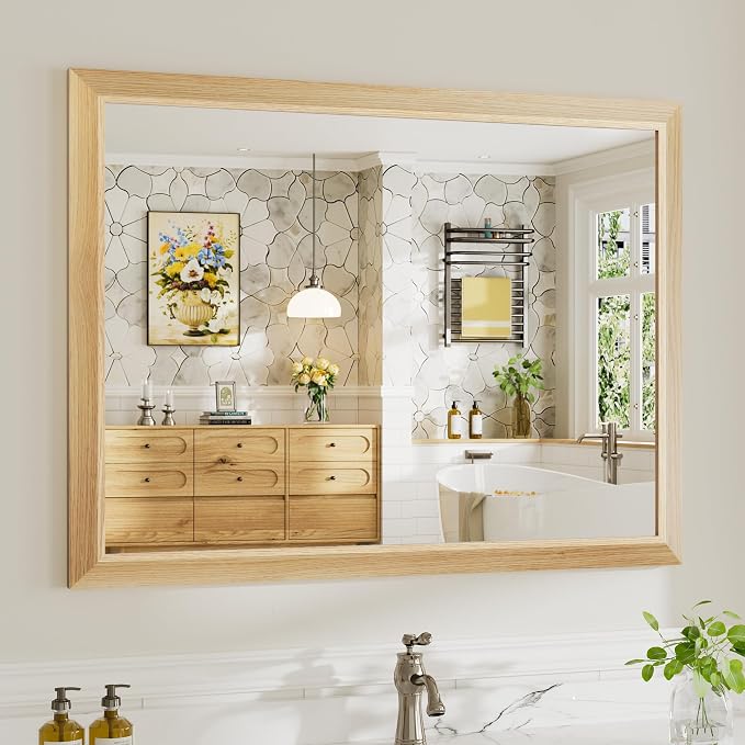 40x30 Inch Bathroom Mirror for Wall, Anti-Rust Oak Wood Grain Metal Framed by Briivuemodernmirrors