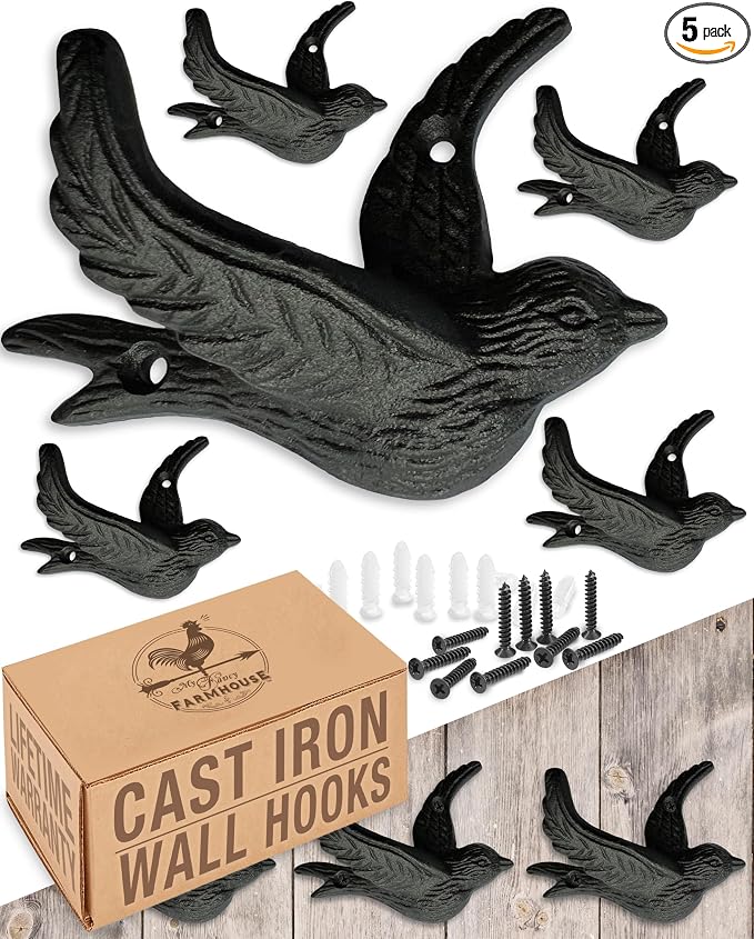 Flying Bird Cast Iron Hooks Non Rusting Interior or Exterior Decorative Wall by MyFancyFarmhouse