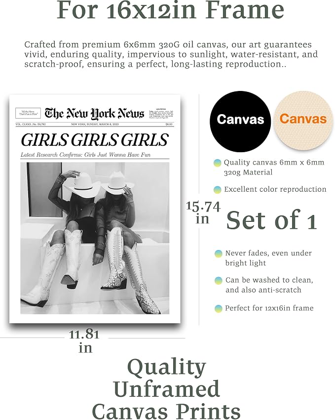 iHery Unframed Trendy Coastal Cowgirl NewsPaper Wall Art Prints, 12x16in Black - Image 2