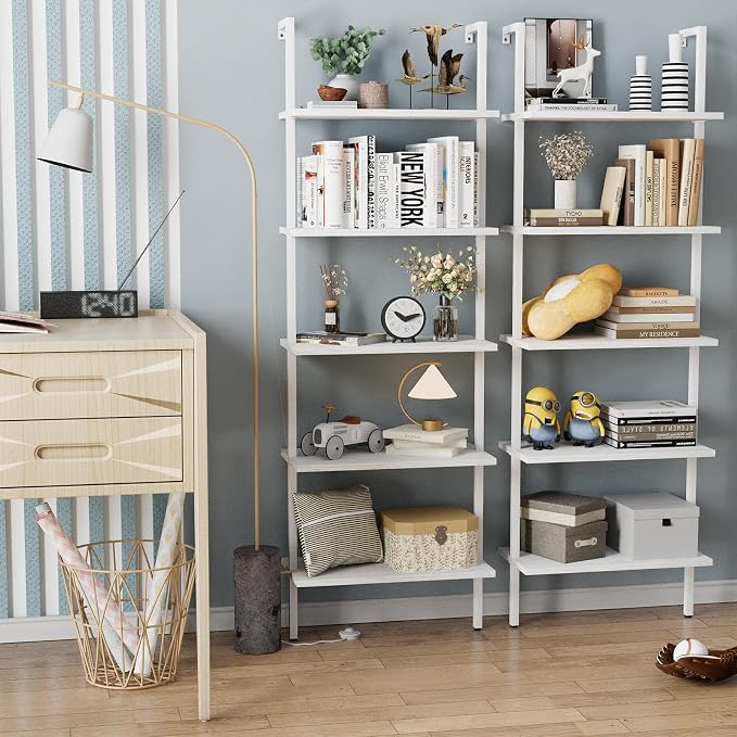 aboxoo Ladder Shelf 2 PCS White Bookshelf 5-Tier Wooden Open Shelf Wall-Mounted - Image 5