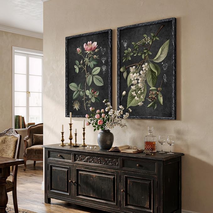 Large Framed Vintage Botanical Wall Art Set of 2, Rustic Retro Dark Floral - Image 4