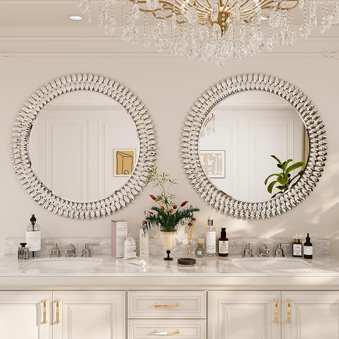 Kelly Miller 36" Large Round Jeweled Wall Mirror, Luxury Diamond Beveled - Image 4